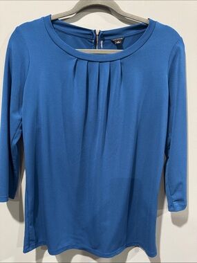 Ann Tylor Cobalt Blue Pleated Round-Neck elbow Sleeve Top
